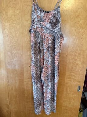 Sleeveless Paisley-Print Spaghetti-Strap Jumpsuit in Coral and Beige